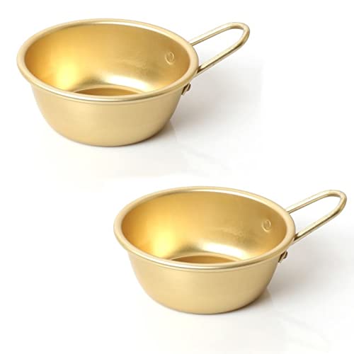 2 Pcs Korean Traditional Raw Rice Wine Bowls - Aluminum Makgeolli & Dongdongju Cups - Yellow Handled Soup Dishes for Hiking & Camping - Authentic Korean Made Tableware (Large Size Set)