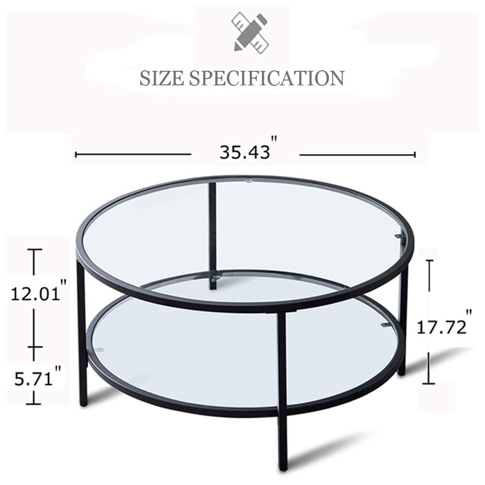 Modern Round Glass Coffee Table with 2-Tier Tempered Glass & Metal Frame - Black Living Room Center Table with Storage Shelf for Dining Room, Tea Time, and Home Décor - Perfect for Small Spaces and Contemporary Interiors