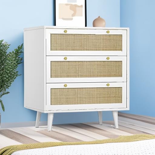 Modern White 3-Drawer Rattan Dresser for Bedroom - Spacious Storage Chest with Woven Natural Fiber - Perfect for Bedroom Organization & Coastal Home Decor (H0072)