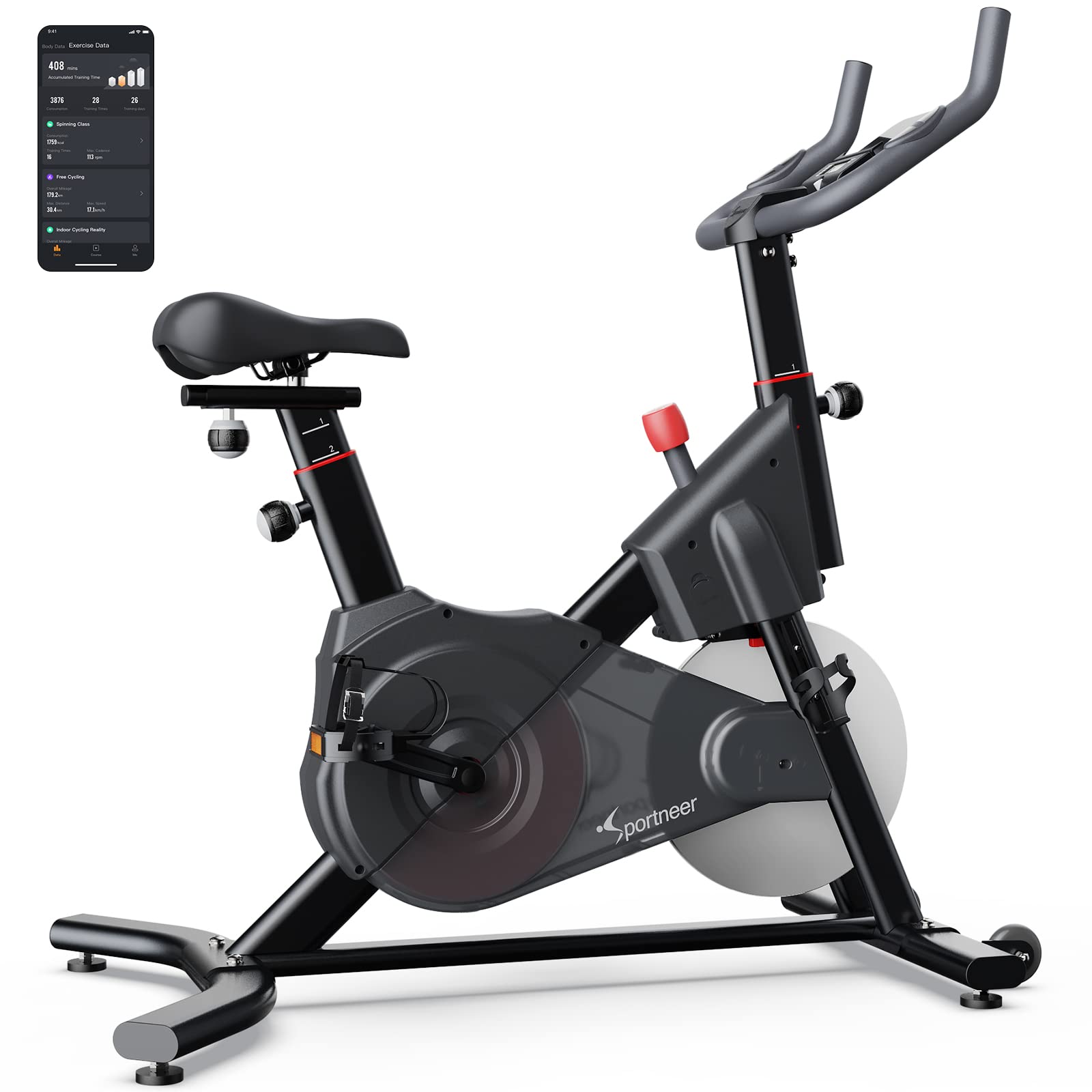Sportneer S1 Magnetic Indoor Cycling Bike - Quiet Stationary Exercise Bike for Home Gym with Bluetooth & App Connectivity, Aluminum Flywheel - Perfect for Cardio Workouts, Weight Loss & Home Fitness Training