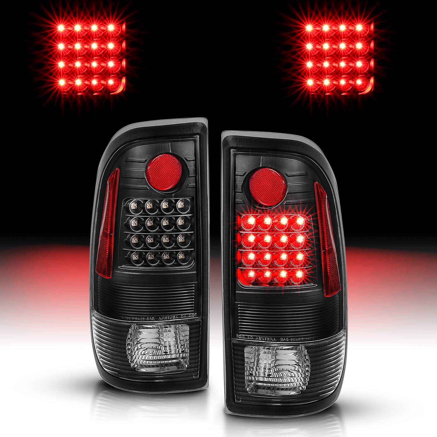 AmeriLite Black LED Brake Turn Signal Tail Lights Pair for 1997-2003 Ford F150 & 1999-2007 F250 F350 - Driver & Passenger Side Set - Upgrade Truck Safety & Style for Night Driving & Towing