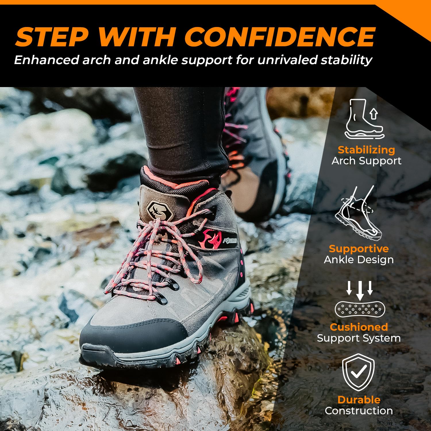 Foxelli Women's Hiking Boots Waterproof Lightweight Breathable Suede Leather - Perfect for Outdoor Adventures, Trail Walking & Camping