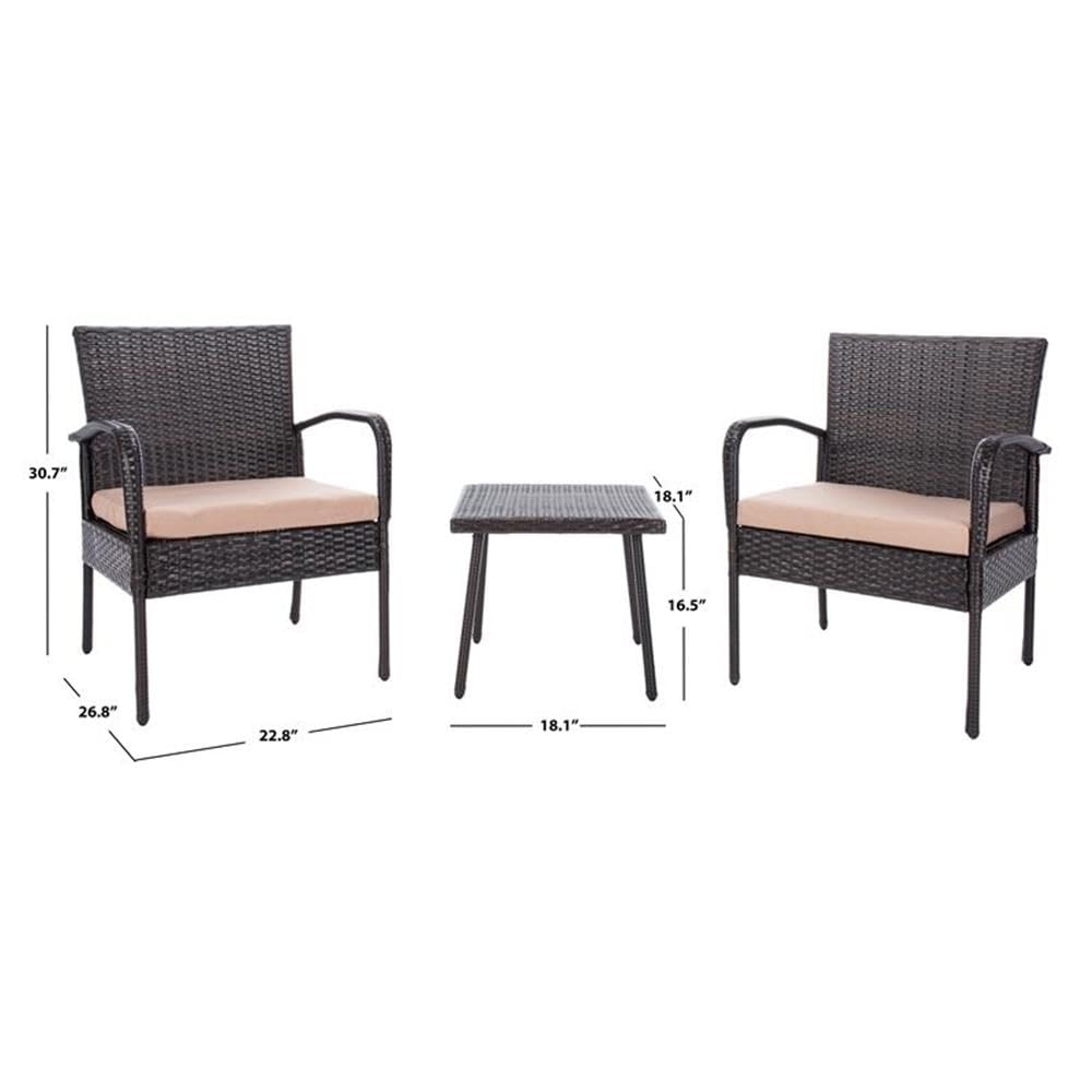 SAFAVIEH Outdoor Collection Moore Brown Rattan/Beige 3-Piece Patio Lounge Set with Cushions & Table (PAT9009B) - Perfect for Garden, Balcony, and Backyard Relaxation