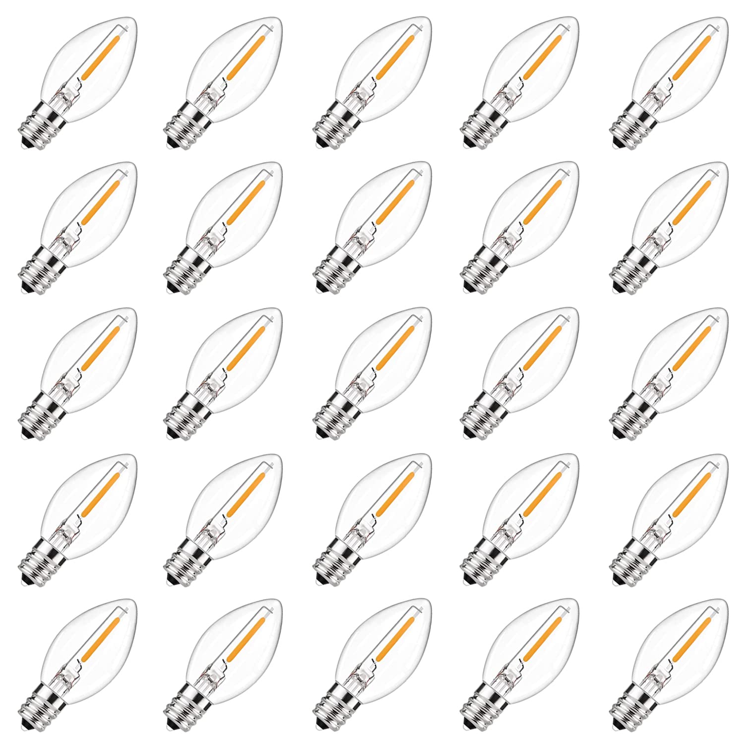 GOOTHY 25 Pack C7 LED Christmas Light Bulbs - 0.6W Clear Glass E12 Candelabra Base Warm White Replacement Bulbs for Outdoor String Lights, Window Candles & Night Lights | Perfect for Holiday Decorations, Christmas Trees & Home Lighting