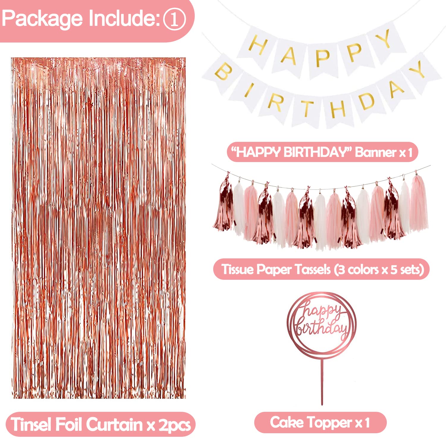 Elegant Rose Gold Birthday Party Decorations Set - Happy Birthday Banner, Fringe Curtain Backdrop, Balloons & Tassel Garland for Women's 30th/40th/50th Birthday, Bridal Shower, Baby Shower & Anniversary Celebrations