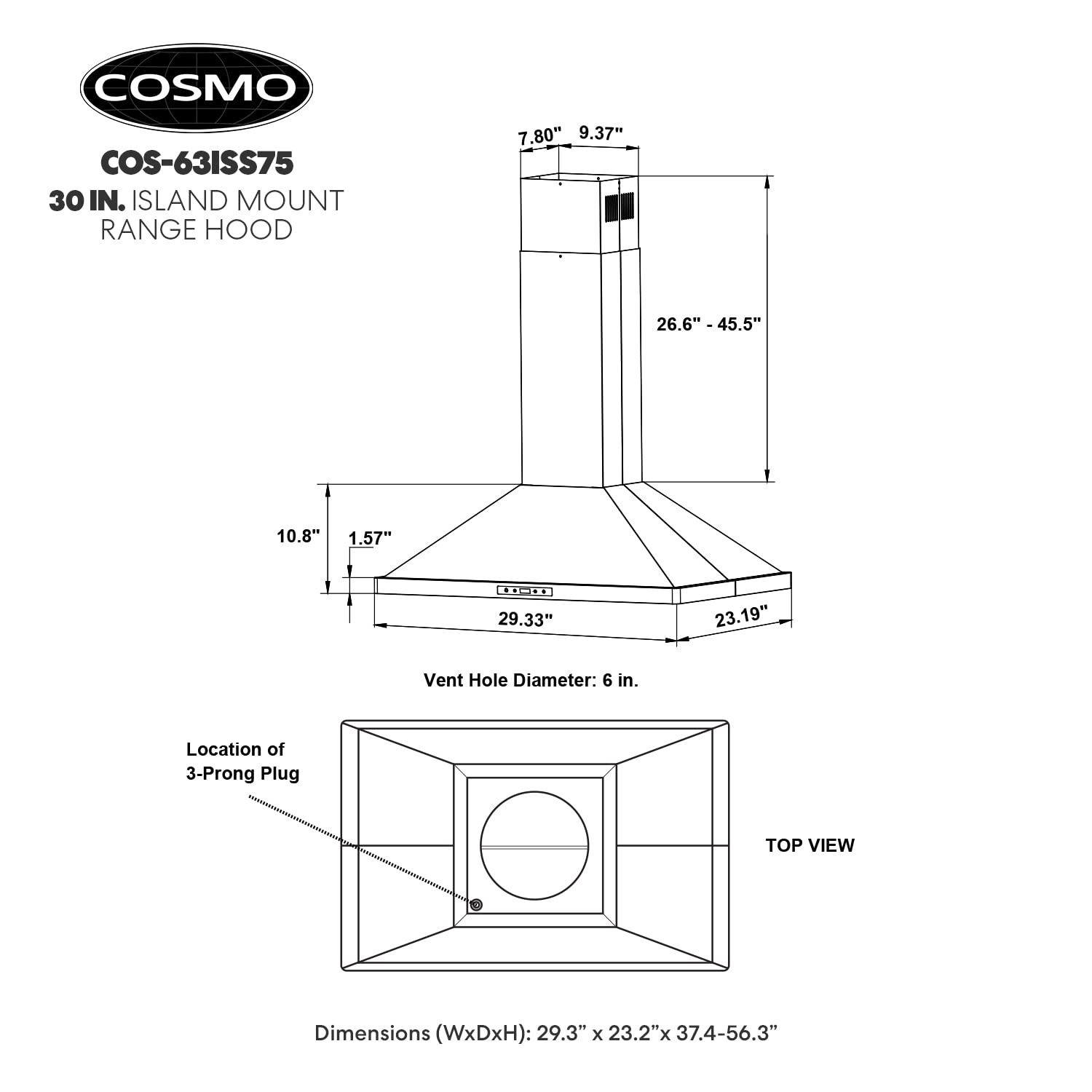 COSMO COS-63ISS75 30-inch Stainless Steel Ducted Island Range Hood - 380 CFM, Soft Touch Controls & LED Lights - Perfect for Modern Kitchen Islands & Open Concept Homes