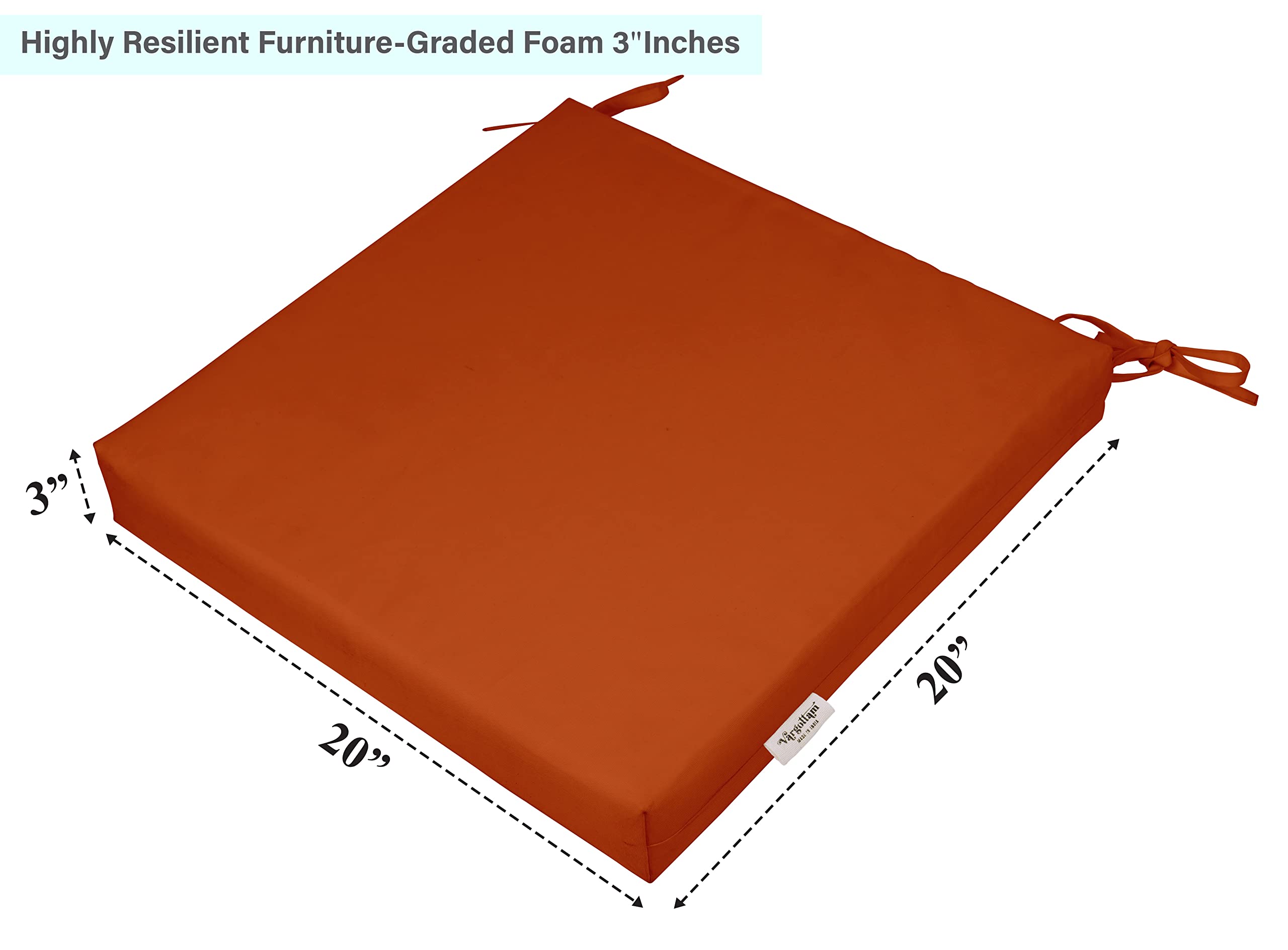 20x20 Inch Indoor/Outdoor Square Chair Cushions with Ties - Waterproof Patio Seat Cushions Set of 2 for Garden Furniture, Deck Chairs, Porch Swing - Comfortable & Durable Home Decor in Orange