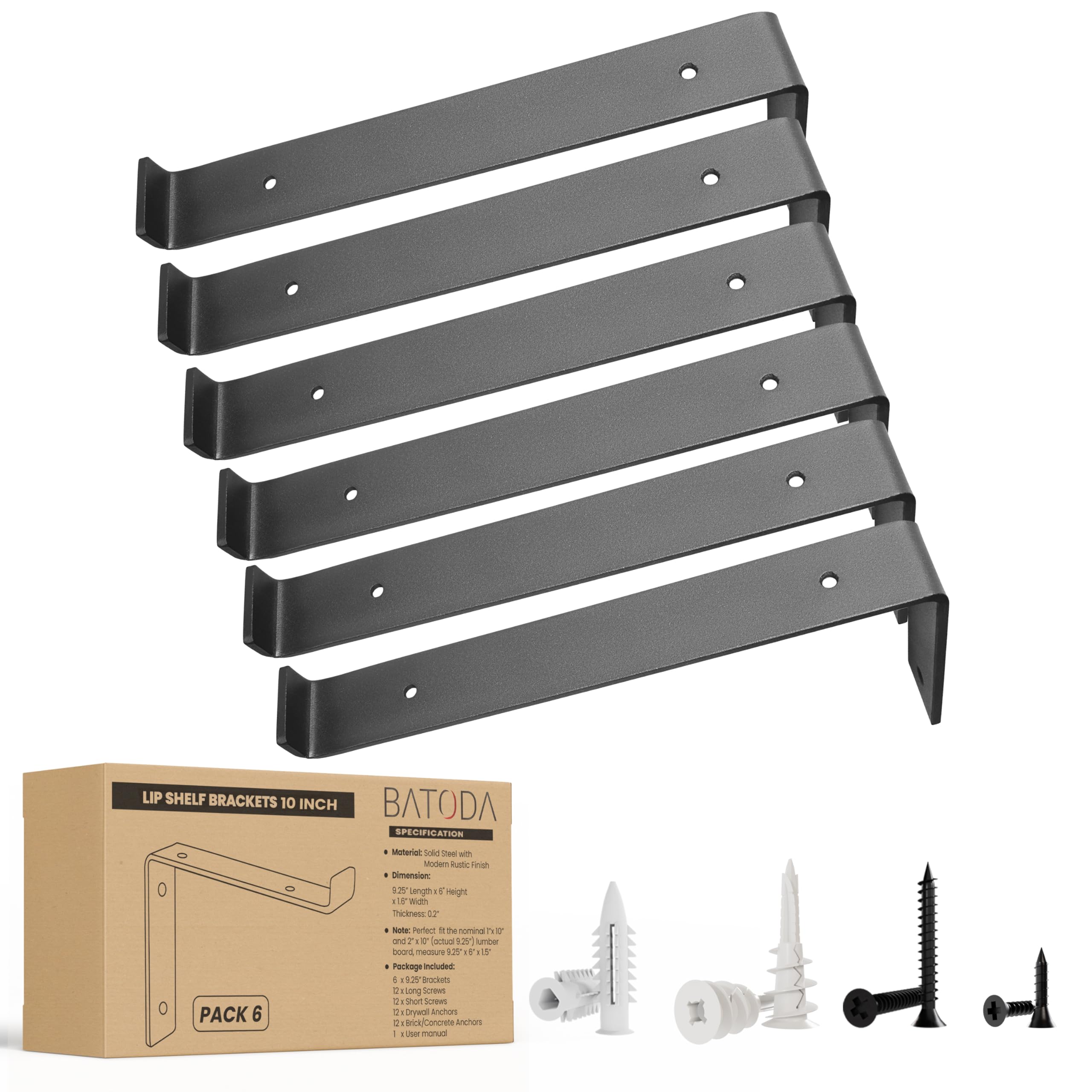 BATODA 10 Inch Heavy Duty Black Shelf Brackets with Lip - 6 Pack Z-Shaped Wall Mounted Brackets for 9.25