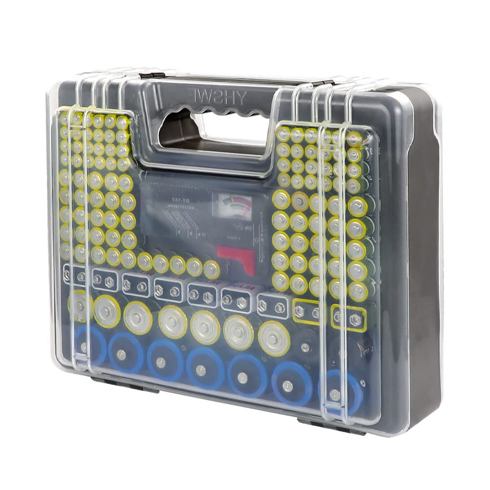 X-Value Battery Organizer Case - Portable Storage Box Holds 230 AA AAA C D 9V Batteries with Built-in Tester (Batteries Not Included) - Perfect for Home, Office, Travel & Emergency Kits (Grey)