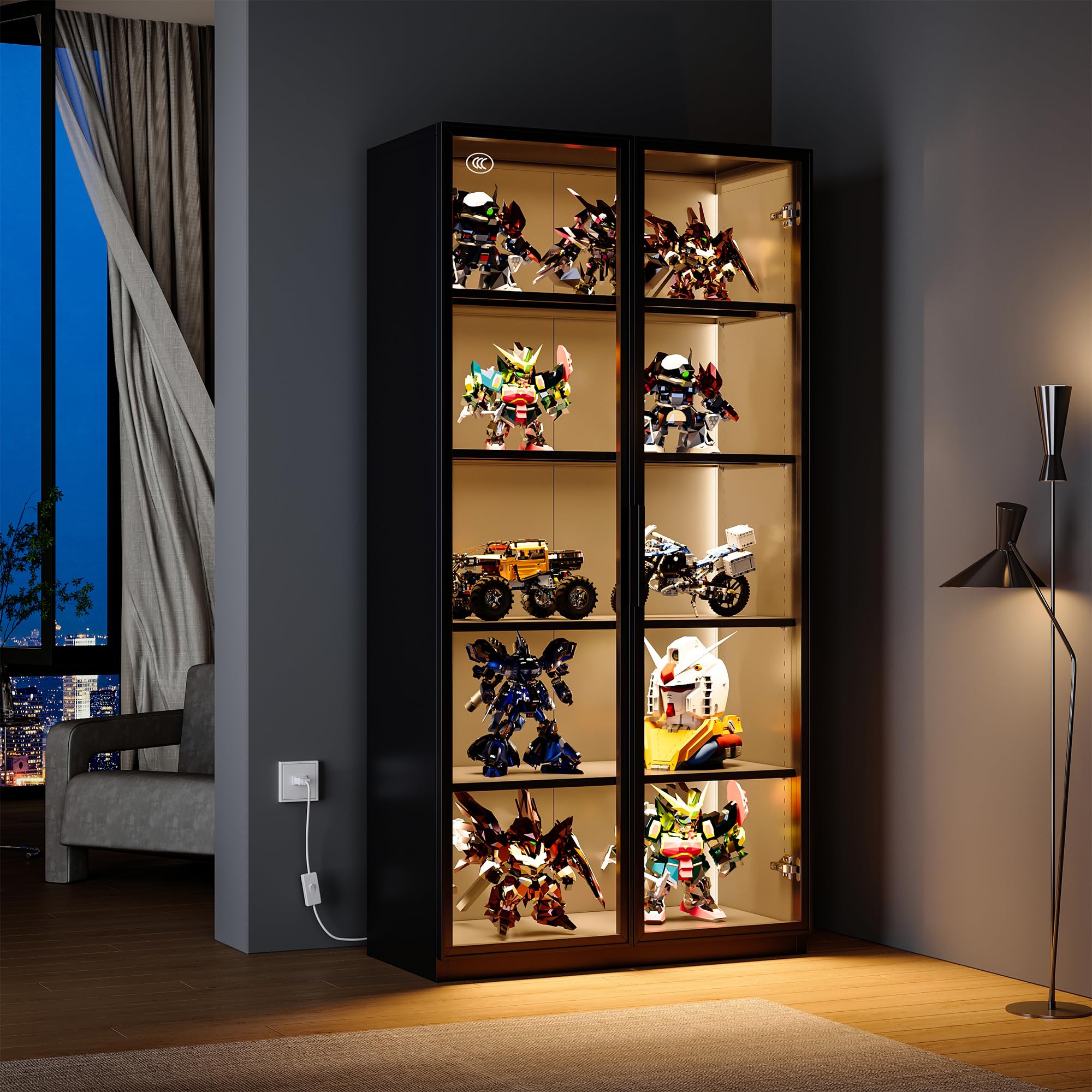 Glass Display Cabinet with LED Lights - 5-Shelf Dark Grey Curio Bookcase for Collectibles, Home Decor & Office Storage | Perfect for Living Room, Bedroom & Showroom Display