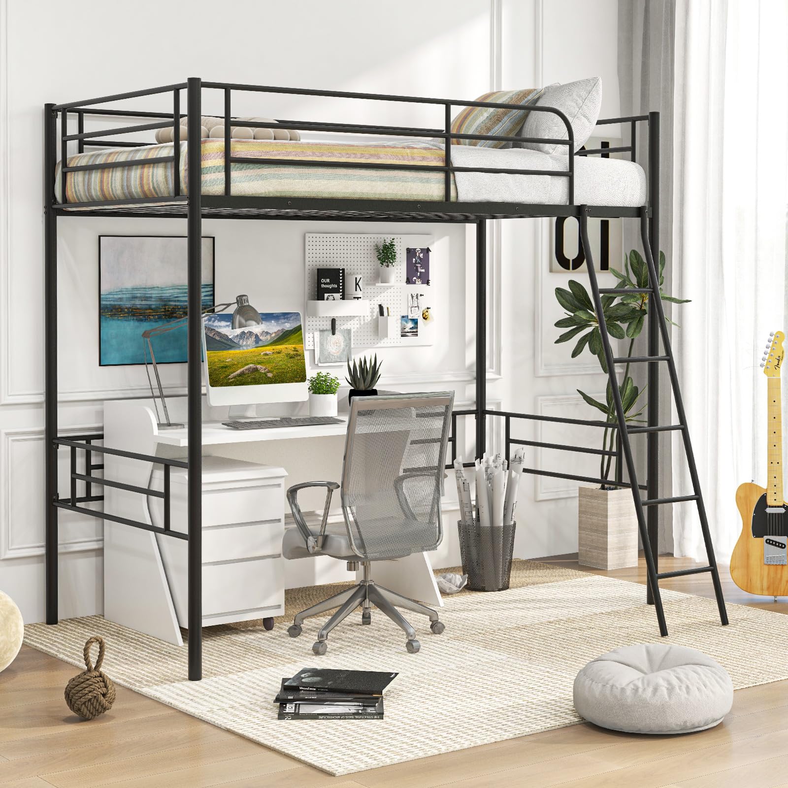 Giantex Twin Size Metal Loft Bed Frame with Ladder & Safety Guardrail - Space Saving Bunk Bed for Teens and Adults - No Box Spring Needed - Black - Perfect for Small Bedrooms, Dorms, and Studio Apartments