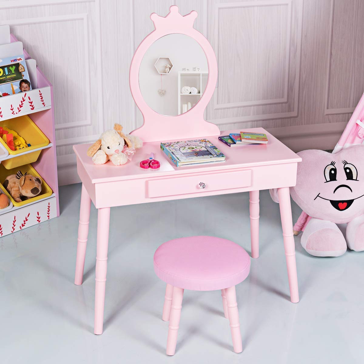 GOFLAME Pink Wooden Princess Vanity Set for Girls - Kids Dressing Table with Real Mirror, Makeup Play Set, Pull-Out Drawer & Cushioned Stool - Perfect for Pretend Play, Birthday Gifts & Bedroom Decor