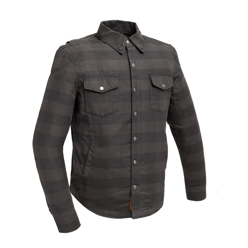 First Manufacturing Men's Motorcycle Waterproof Riding Jacket - Black & Brown Flannel Shirt with Armor Pocket for Harley Riders - Ideal for Commuting, Touring & Adventure Riding