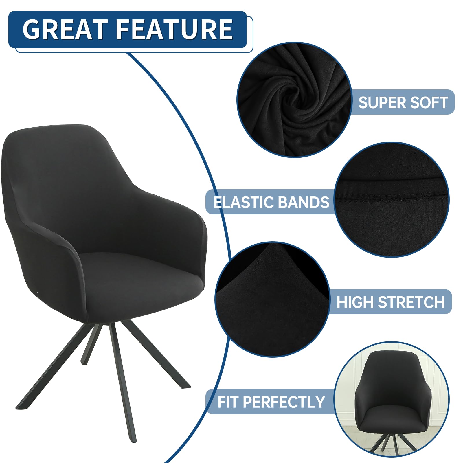 Stretch Swivel Armchair Cover - Mid-Back Dining & Office Chair Slipcover with Arms - Black Accent Chair Protector for Living Room, Study, and Conference Rooms - Perfect for Home & Office Decor