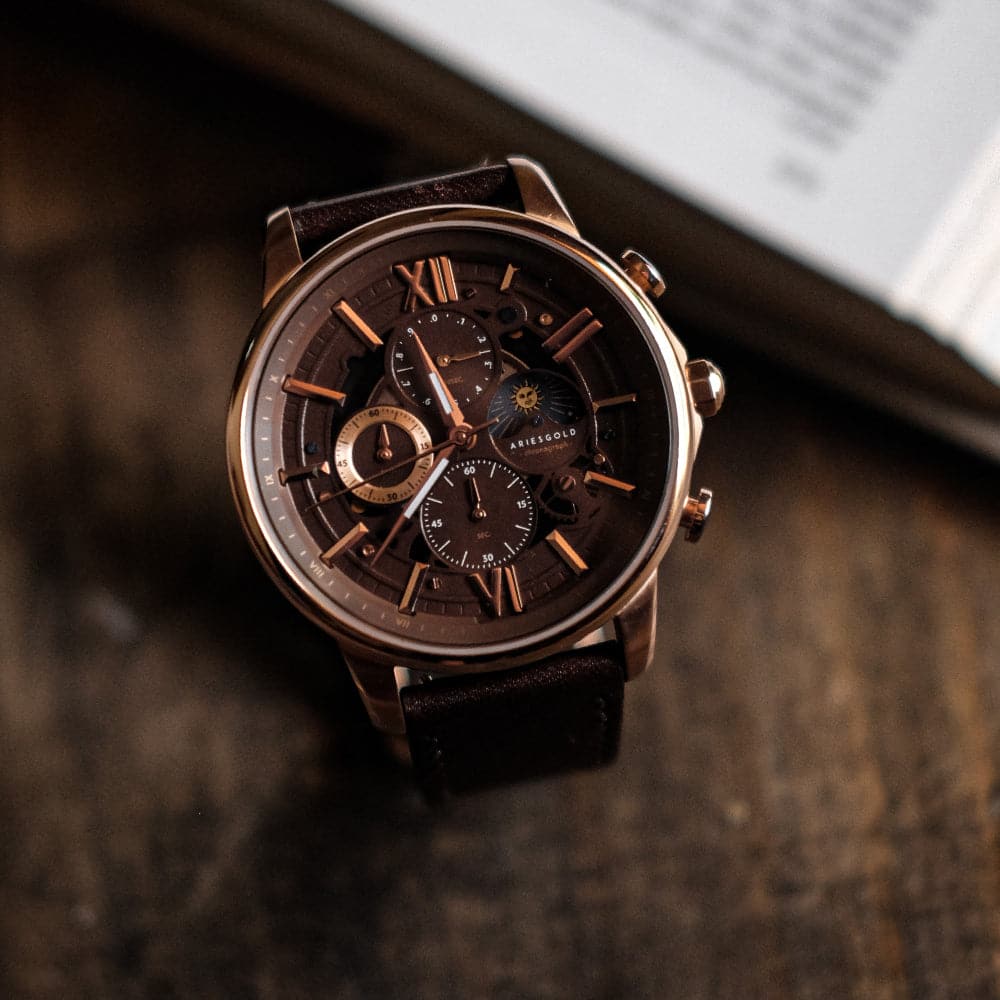 ARIES GOLD BELFAST Moon G 7013 RG CF Men's Leather Watch - Luxury Stainless Steel Chronograph for Business & Formal Occasions