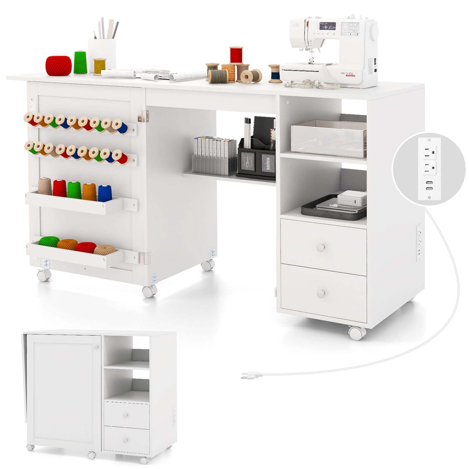 Giantex Folding Sewing Table with Charging Station & Storage - Rolling Craft Table with 18 Pegs, 2 Trays, Shelves & Drawers - Foldable Sewing Machine Cabinet with 6 Lockable Wheels, White - Perfect for Quilting, Sewing Projects & Craft Rooms