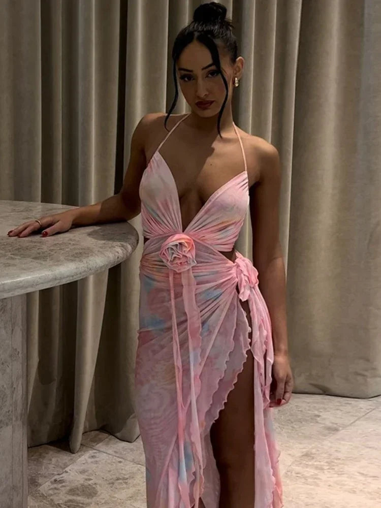 3D Floral Applique Mesh Ruffle Halterneck Split Long Dresses for Women - Sexy Summer Vacation Outfits 2024 | Beach Party, Evening Wear, Wedding Guest Dress