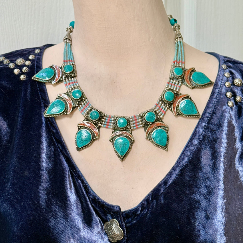 Handmade Tibetan Alpaca Silver Necklace with Turquoise & Coral Beads - Boho Chic Jewelry for Women, Perfect for Festivals, Weddings & Everyday Wear