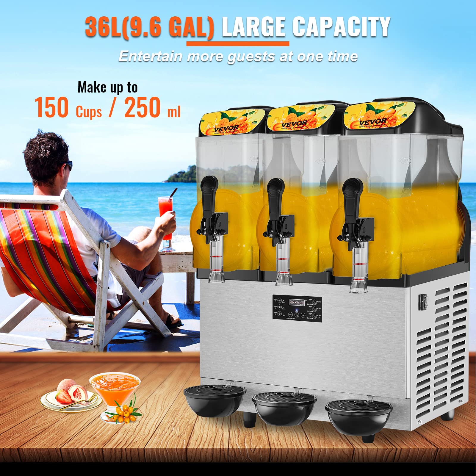 VEVOR Commercial Slushy Machine 36L/9.6Gal - Stainless Steel Triple Bowl Slushie Maker for Margarita, Smoothie & Frozen Drinks - 860W High Power Slush Machine for Home, Party, Restaurant, Cafe & Bar Use - Perfect for Summer Events, Business & Entertaining Guests