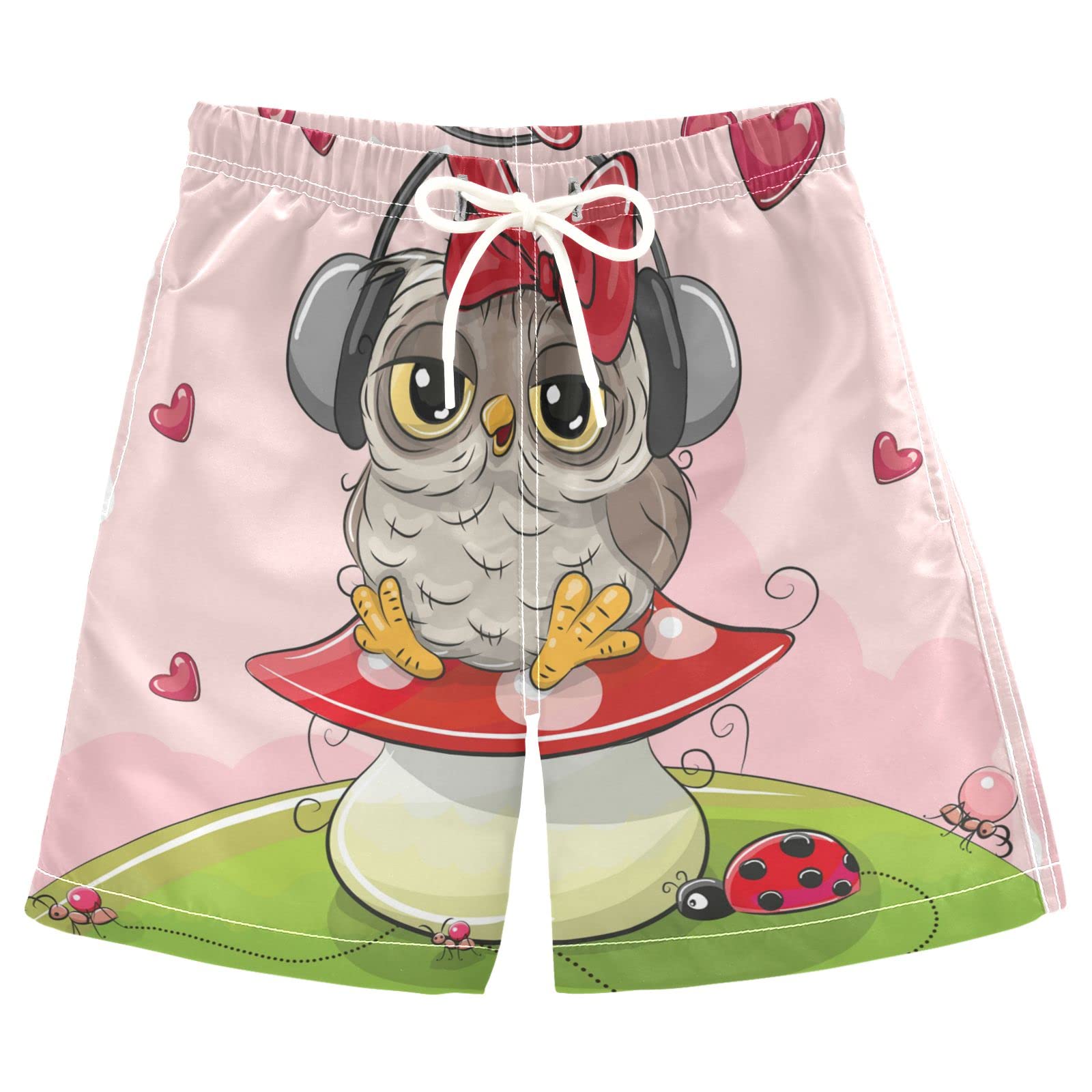 **Boys' Cute Cartoon Owl Swim Trunks with Headphones Print - Quick Dry Beach Shorts for Toddlers with Inner Mesh Liner - Perfect for Swimming, Beach & Pool Play**