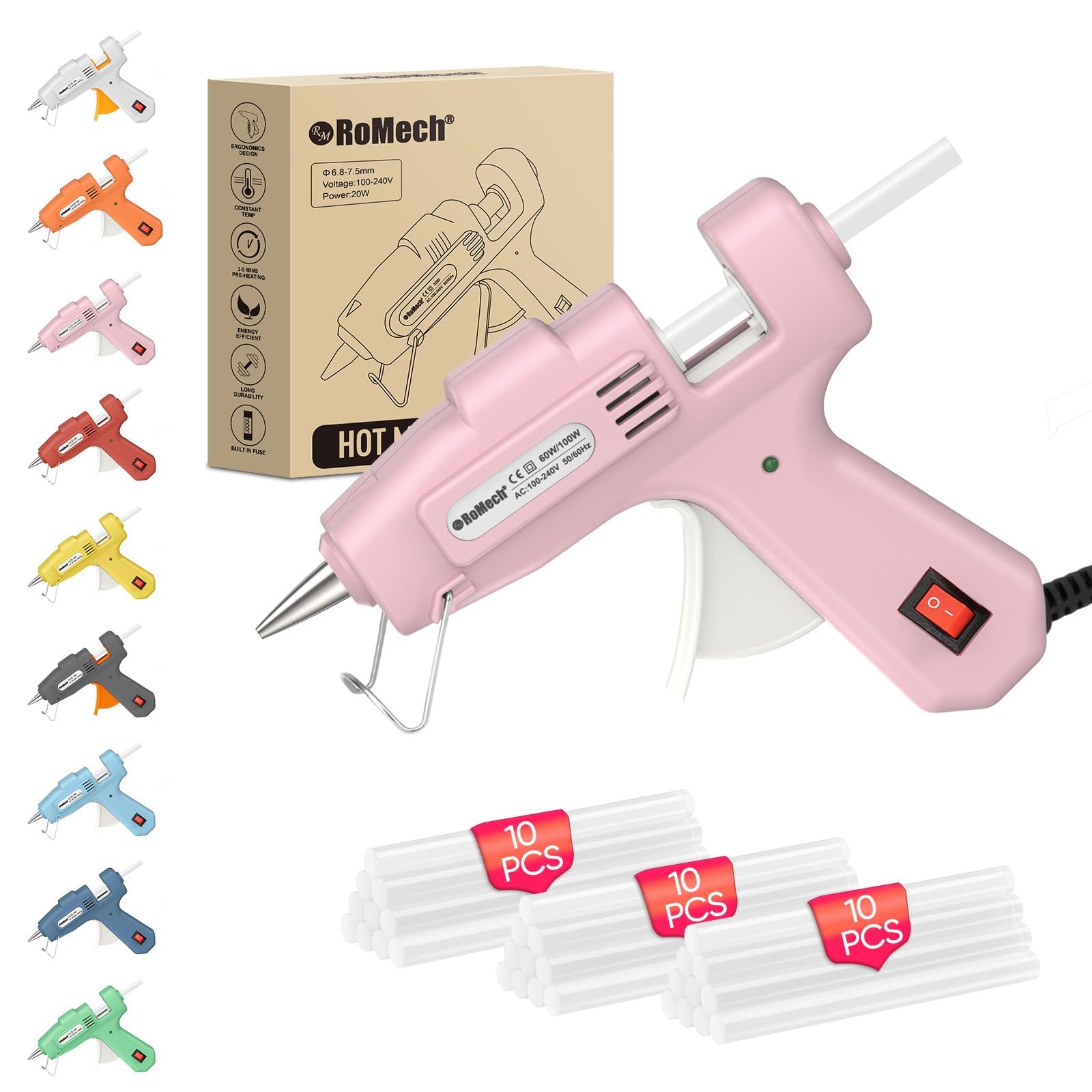 ROMECH 20W Mini Hot Glue Gun Kit with 30 Glue Sticks - Fast Heating, Heavy Duty Glue Gun for Crafts, DIY Projects, Home Repairs & School Art (Pink) - Perfect for Scrapbooking, Jewelry Making & Quick Fixes