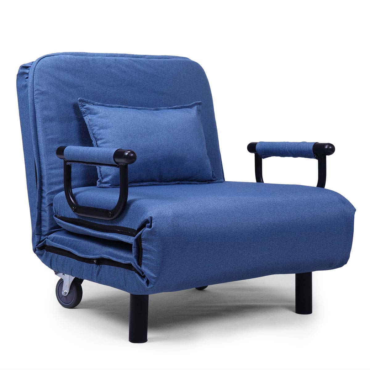 Modern Upholstered Convertible Folding Arm Sofa Sleeper Chair Bed Lounge with Pillow, Wheels & Metal Legs - 5-Position Adjustable Backrest in Blue | Perfect for Small Spaces, Guest Rooms, Apartments & Home Offices