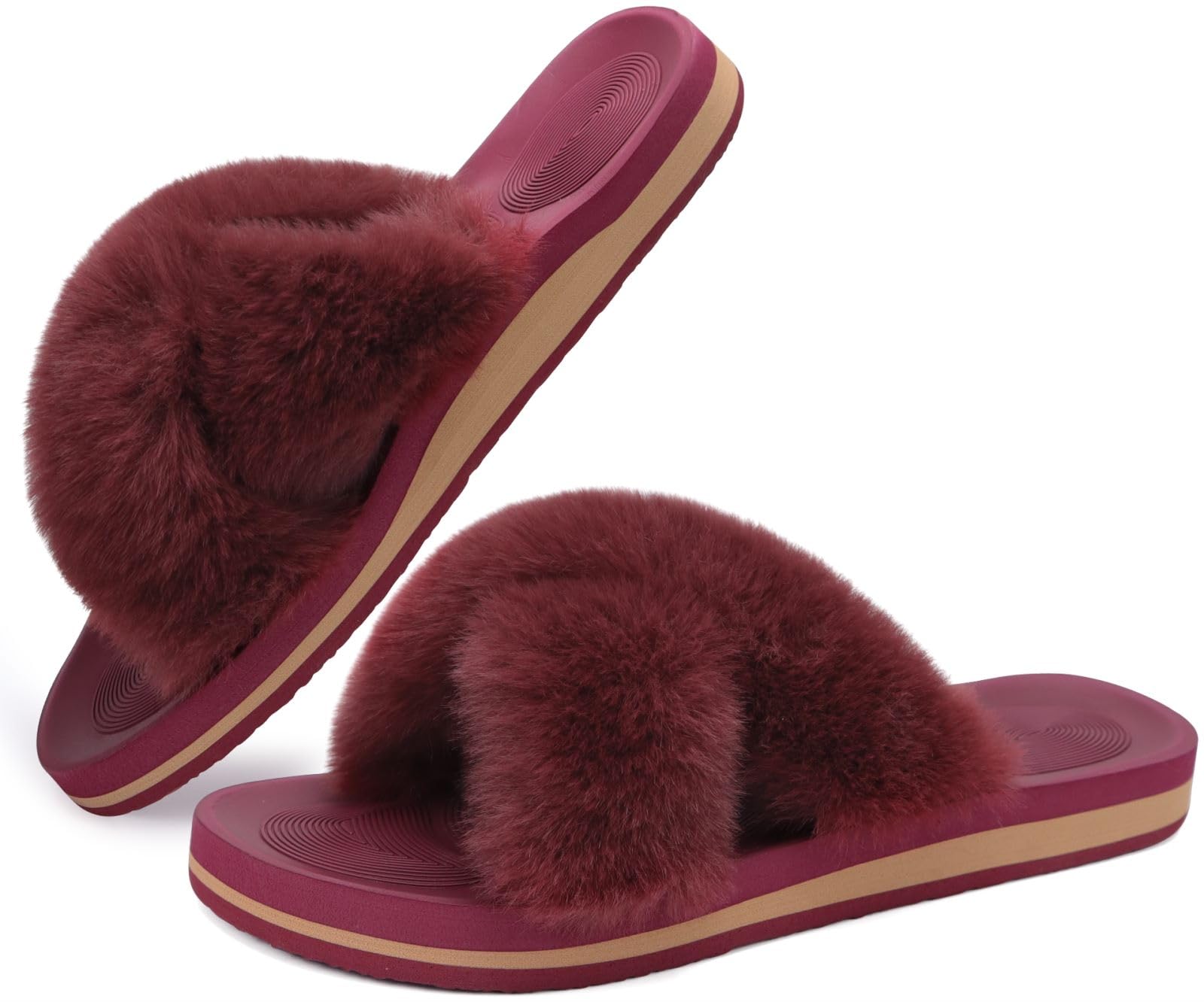 COFACE Women's Fuzzy Slides - Fluffy Faux Fur House Slippers with Arch Support, Open Toe Sandals for Indoor/Outdoor Use - Perfect for Yoga, Lounging & Home Comfort