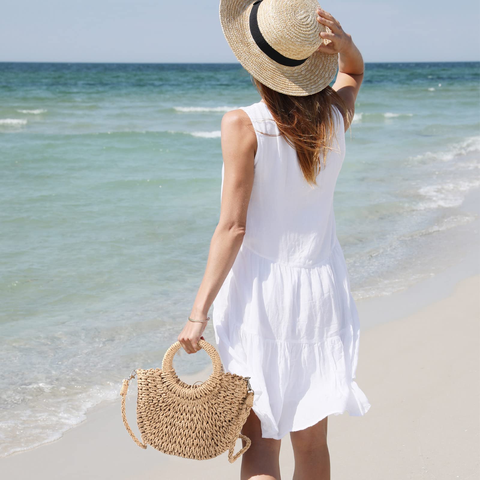 3 Pcs Semi Circle Rattan Straw Bags for Women - Hand Woven Beach Tote & Crossbody Purse - Summer Mini Wicker Clutch with Top Handle - Perfect for Beach Outings, Picnics, and Vacation Accessories