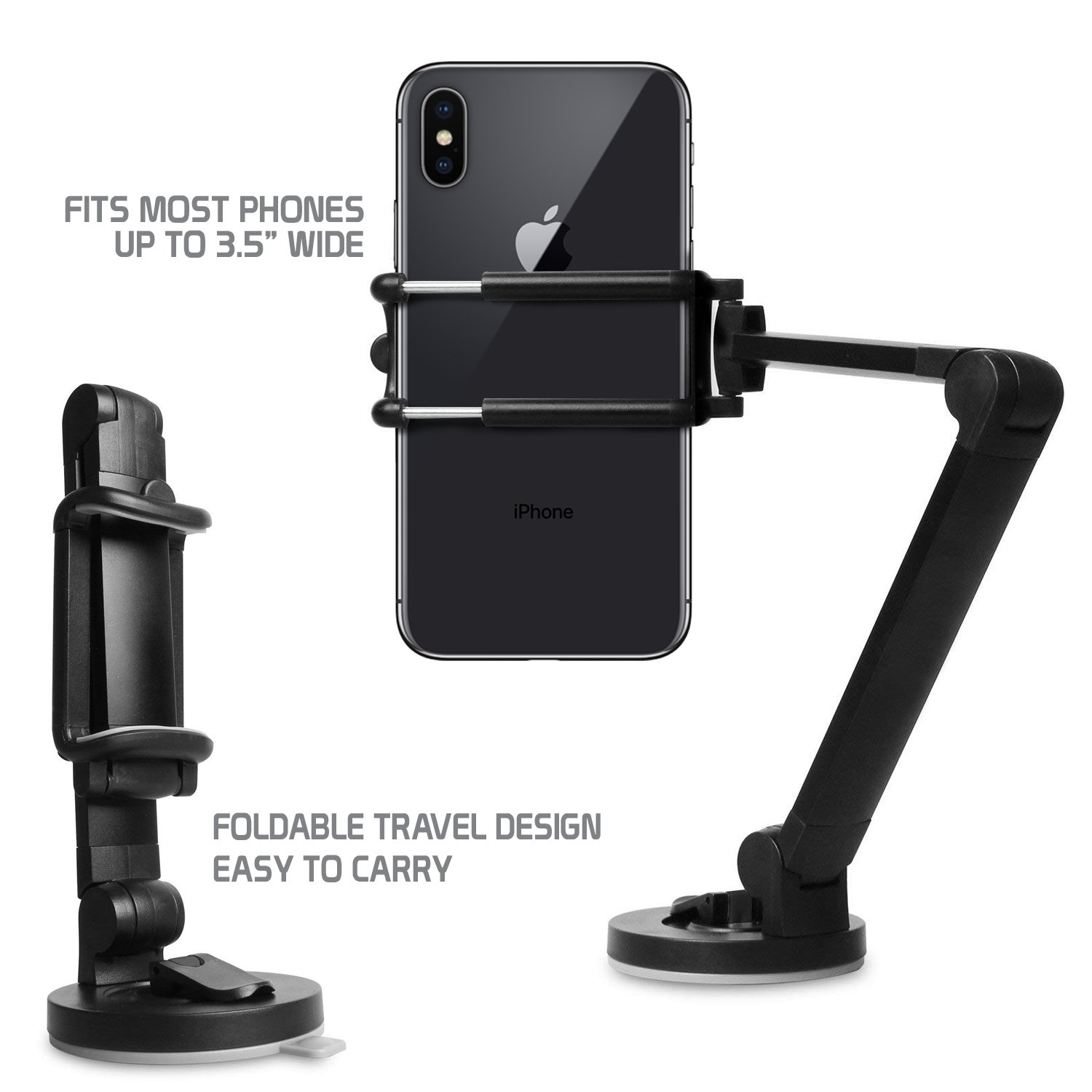 Universal Car Phone Mount Holder - Adjustable & Foldable Windshield & Dashboard Stand with Strong Suction Cup for iPhone, Android Smartphones (Black) | Perfect for GPS Navigation, Hands-Free Calling & Road Trips
