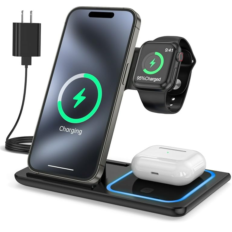 3 in 1 Fast Wireless Charging Station - Foldable Stand for iPhone, Samsung, Xiaomi & More (Black) | Perfect for Bedside, Office & Travel Charging