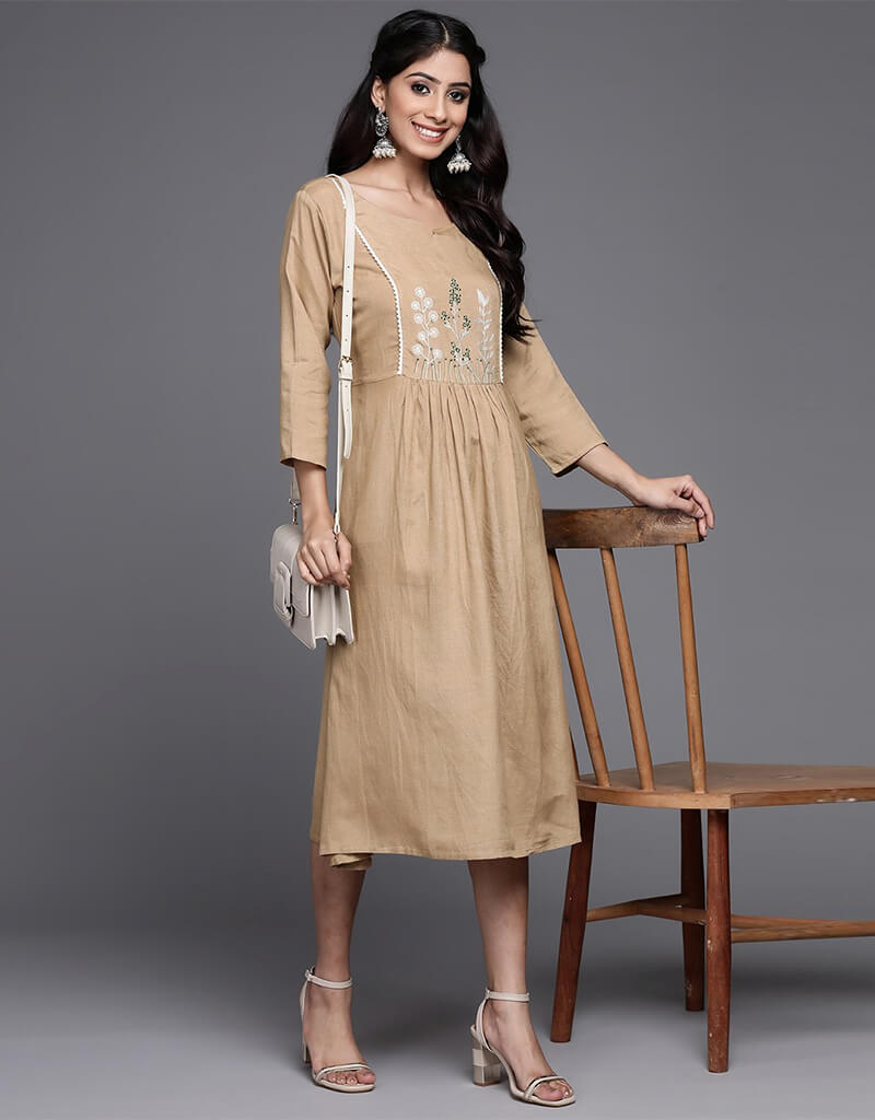 Elegant Beige Midi Dress for Women - Flowy A-Line Summer Dress with Pockets - Perfect for Office, Date Night & Beach Vacations