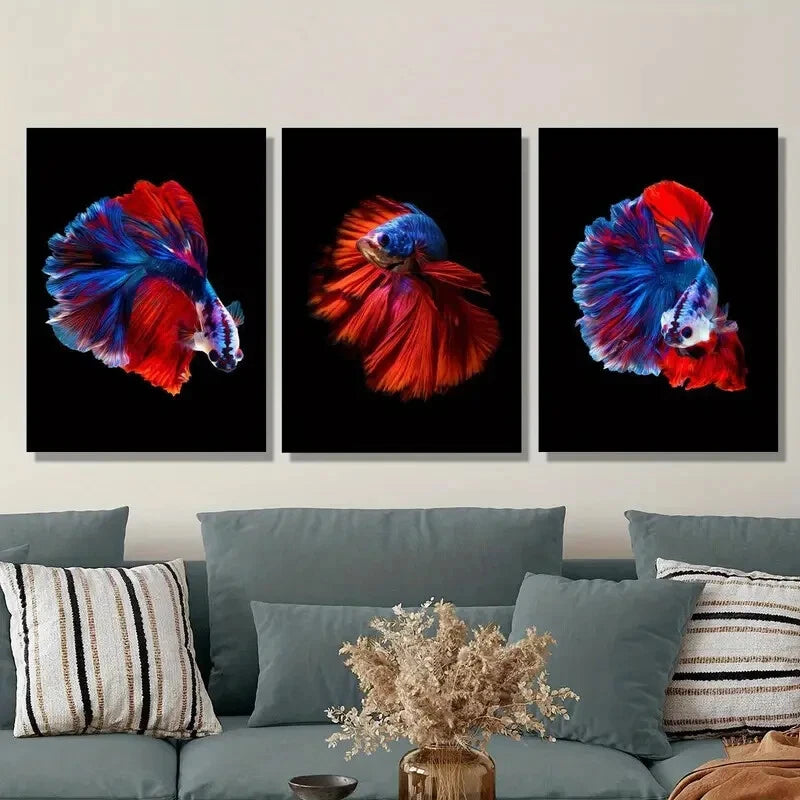 3-Piece Vibrant Blue & Red Siamese Fighting Fish Metal Wall Art - Ready to Hang Tropical Fish Decor for Living Room, Bedroom & Office
