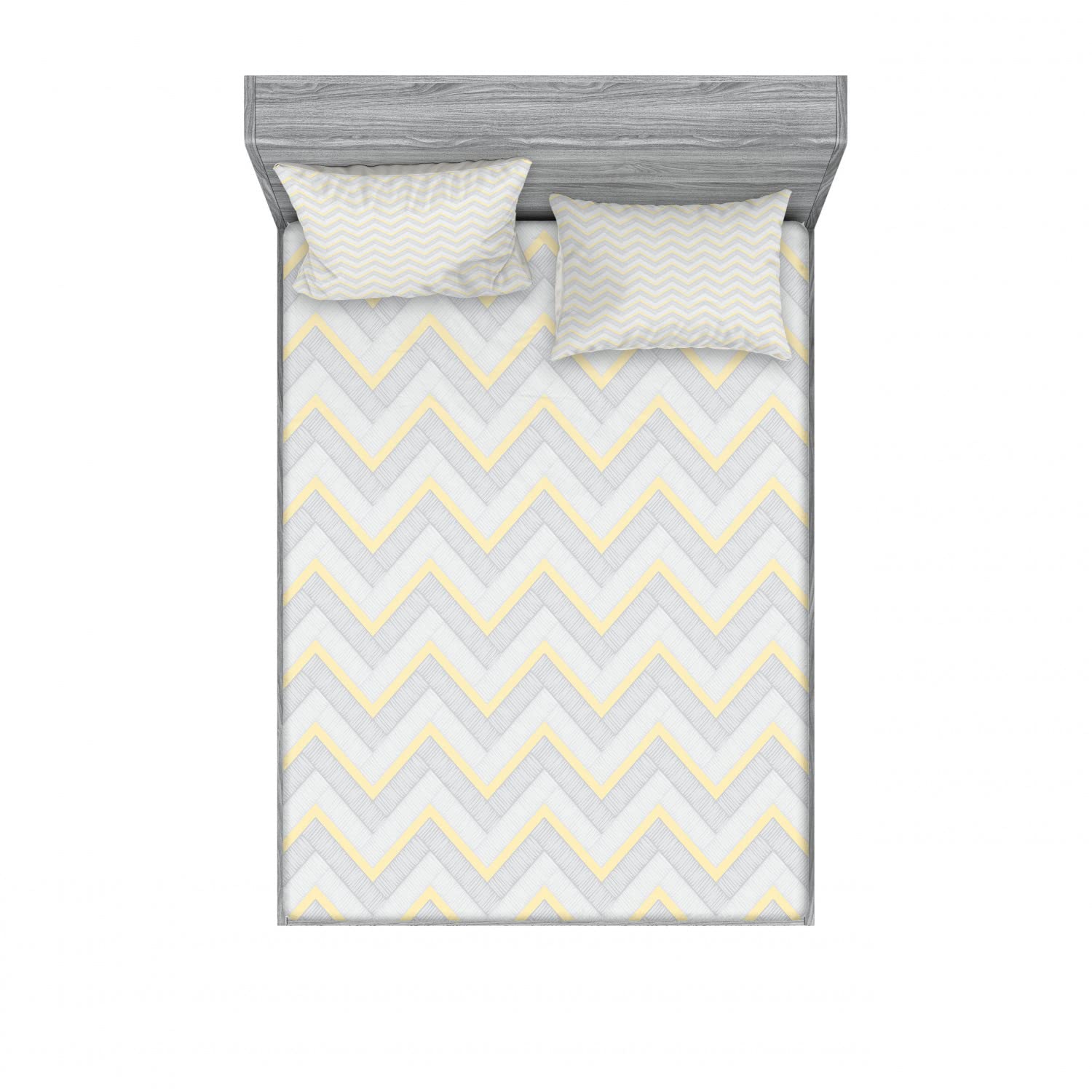 Ambesonne Vintage Chevron 2-Pack Full Size Fitted Sheet Set with 4 Pillow Shams - Grey & Yellow Striped Bedding Decor for Guest Room & Vacation Home - Soft Wrinkle-Resistant Sheets for Cozy Sleep