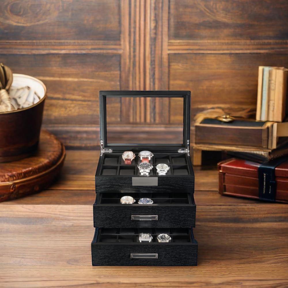 Personalized Ebony Wood Watch Display Case - 3-Tier Jewelry Organizer with Glass Top, Stainless Steel Accents & 2 Drawers - Luxury Watch Storage Box for Men & Women - Perfect for Home, Office or Gift Giving