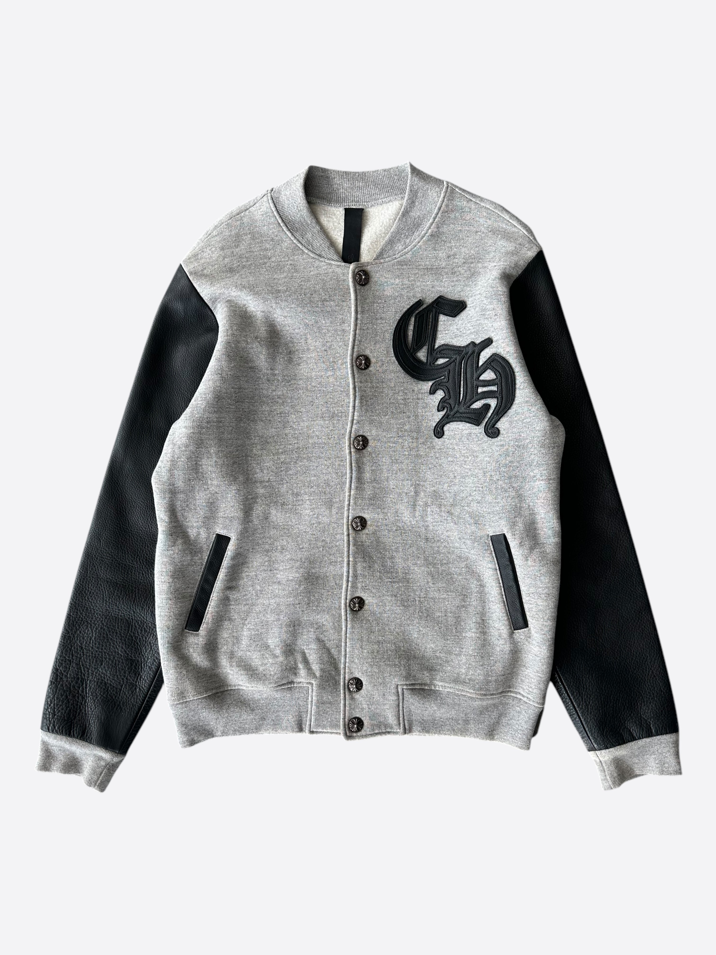 Chrome Hearts Grey & Black Leather Varsity Jacket - Stylish Men's Fashion Outerwear for Casual Wear & Street Style