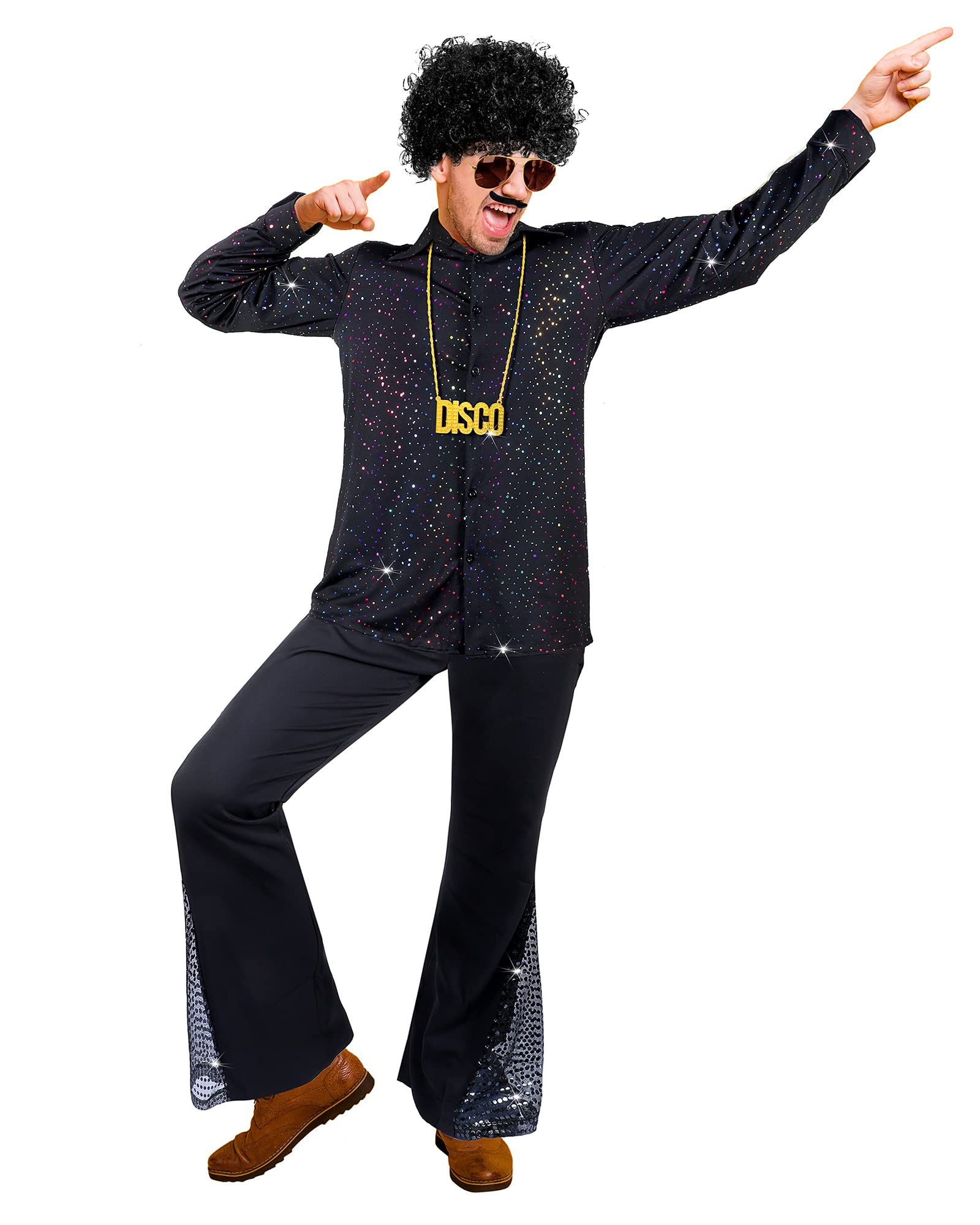 Vintage 70s Disco Costume for Men - Bell Bottom Pants, Retro Shirts, Wigs, Necklace & Mustache Sunglasses | Perfect for Halloween, Theme Parties & Disco Dance Nights