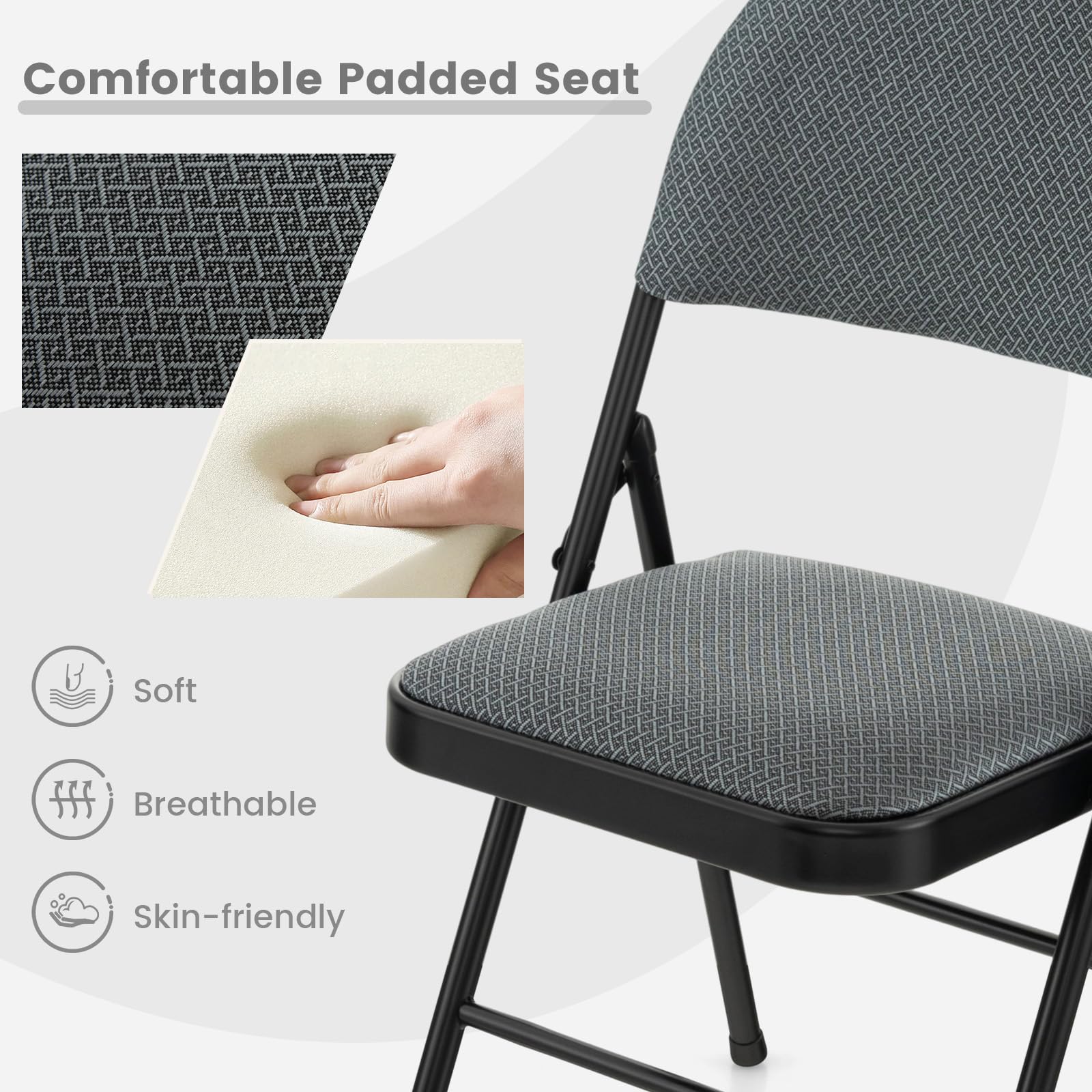 6 Pack Folding Chairs with Padded Seats - Sturdy Steel Frame & Non-Slip Footpads - Portable Stackable Foldable Dining Chairs for Home, Office, Party, Wedding, Camping, and Outdoor Gatherings