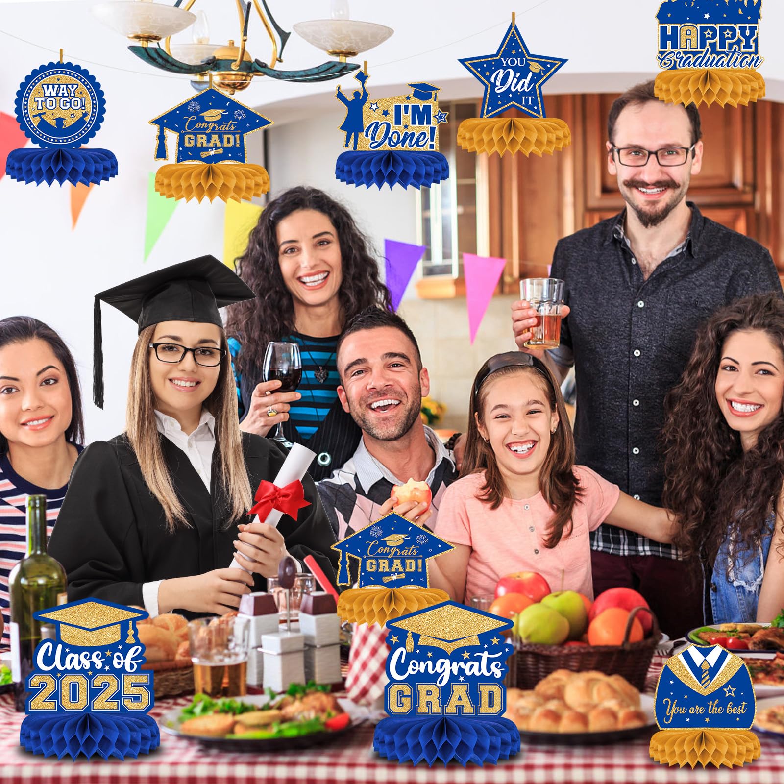 8-Piece Class of 2025 Graduation Decor Set - Blue & Gold Honeycomb Centerpieces, Table Toppers for 2025 Grad Party | Perfect for Graduation Ceremony Decorations, Senior Night, and College Celebration Decor