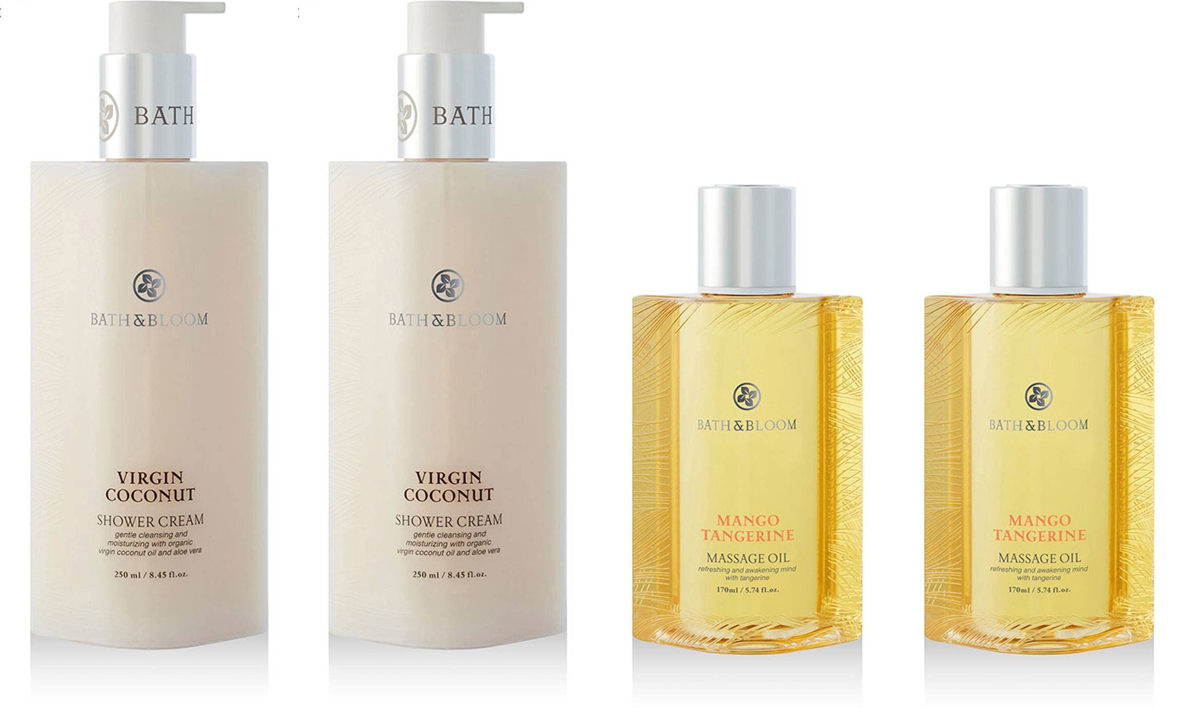 Bath & Bloom Virgin Coconut Shower Cream & Mango Tangerine Massage Oil Set - Hydrating Body Wash & Aromatherapy Massage Oil for Spa, Relaxation & Self Care