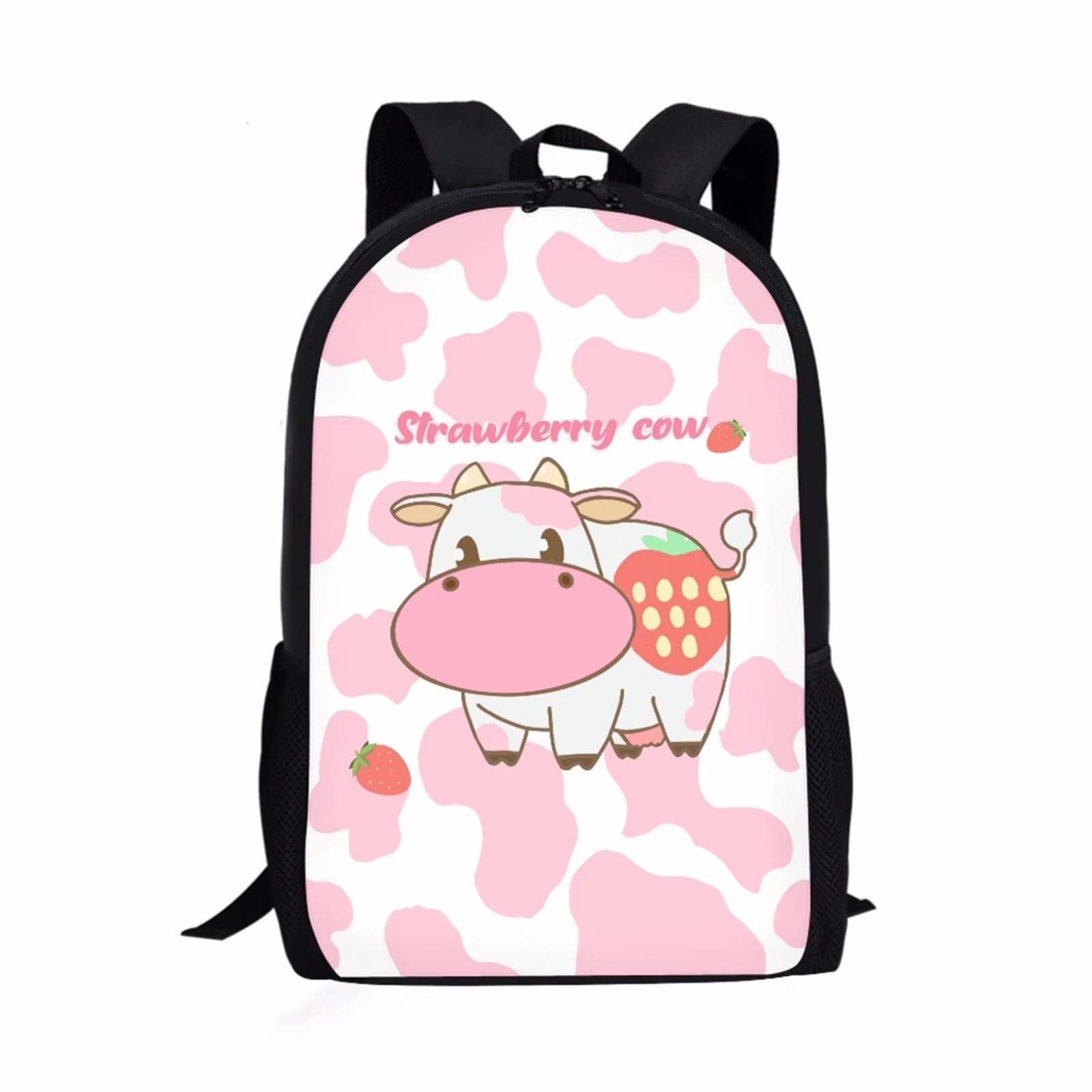WELLFLYHOM Strawberry Cow Print Backpack for Girls - Cute Pink School Bag with Shoulder Straps, Elementary Student Bookbag, Travel Daypack & Rucksack - Perfect for School, College, Travel & Outdoor Adventures