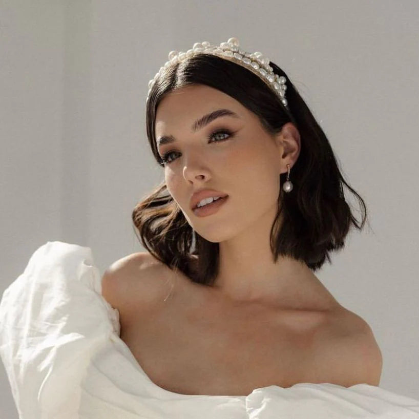 A'el Este Charlotte Bridal Pearl Headband - Gold Pearl Wedding Hair Accessory for Brides, Bridesmaids, and Special Occasions