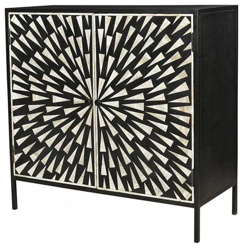 Handmade Black Bone Inlay Cabinet with Two Doors - Vintage Boho Home Decor for Living Room, Bedroom & Entryway