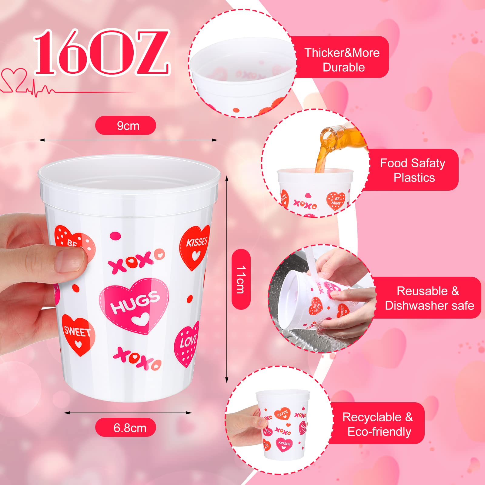 Meanplan 24-Pack 16oz Reusable Plastic Valentine's Day Cups - Pink & Red Heart Print Love Theme Cups for Holiday Parties, Weddings, Anniversaries & Romantic Date Nights