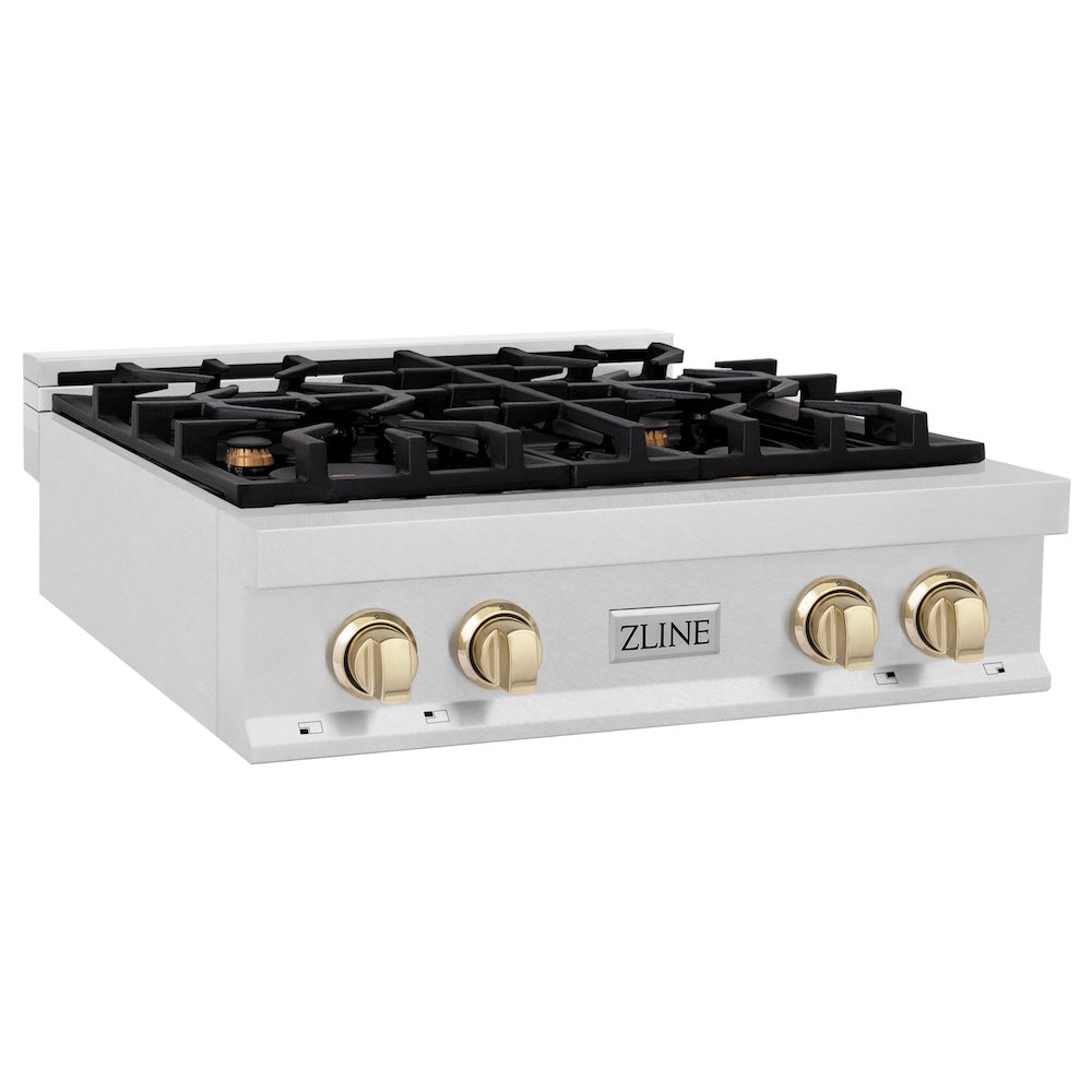 ZLINE Autograph Edition 30-Inch 4-Burner Gas Rangetop with Porcelain Cooktop - Satin Stainless Steel & Polished Gold Accents (RTSZ 30 G) | Professional Kitchen Stove for Home Chefs & Cooking Enthusiasts