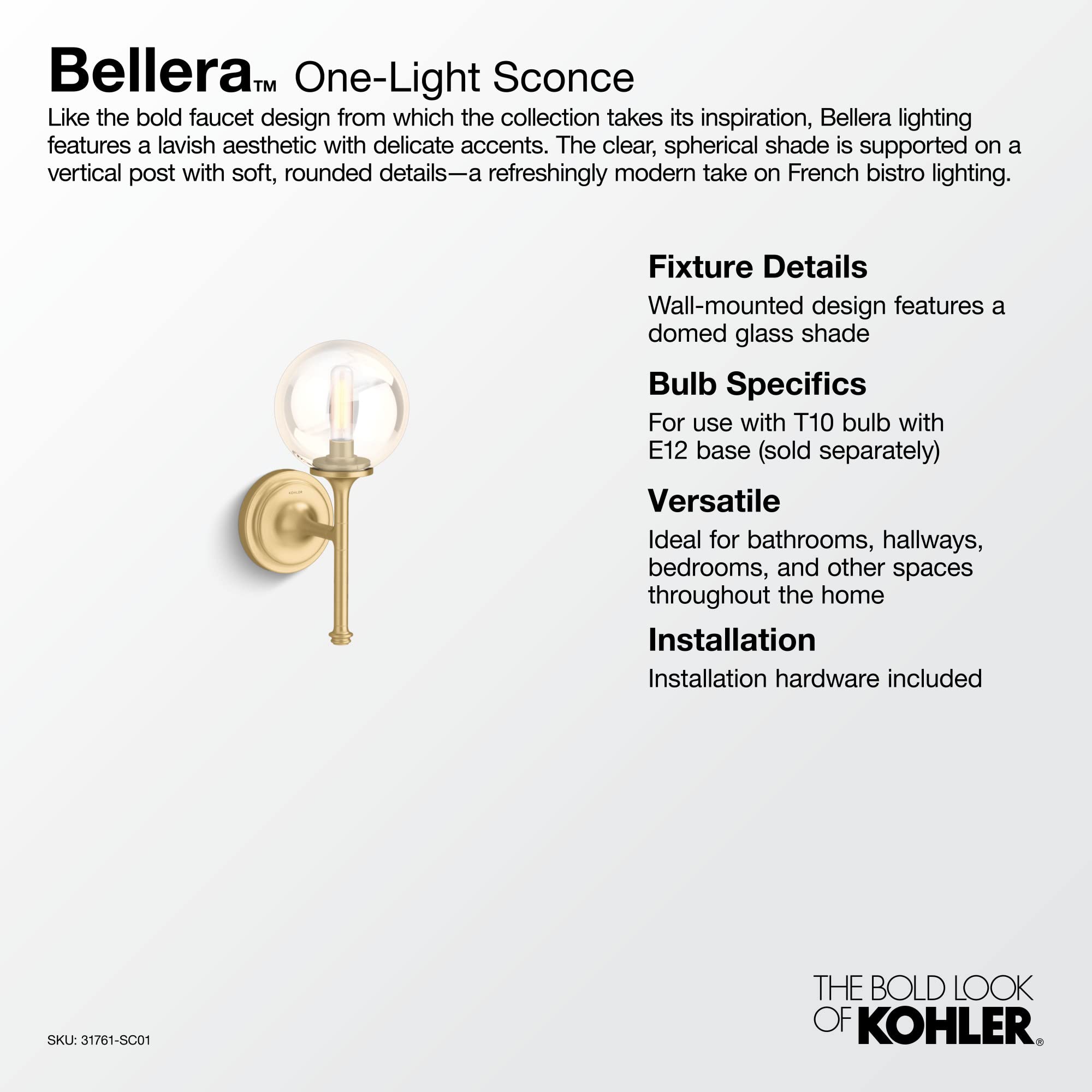 KOHLER Bellera 1-Light Wall Sconce - Modern Bathroom Vanity Light Fixture for Bedroom, Hallway & Entryway Lighting