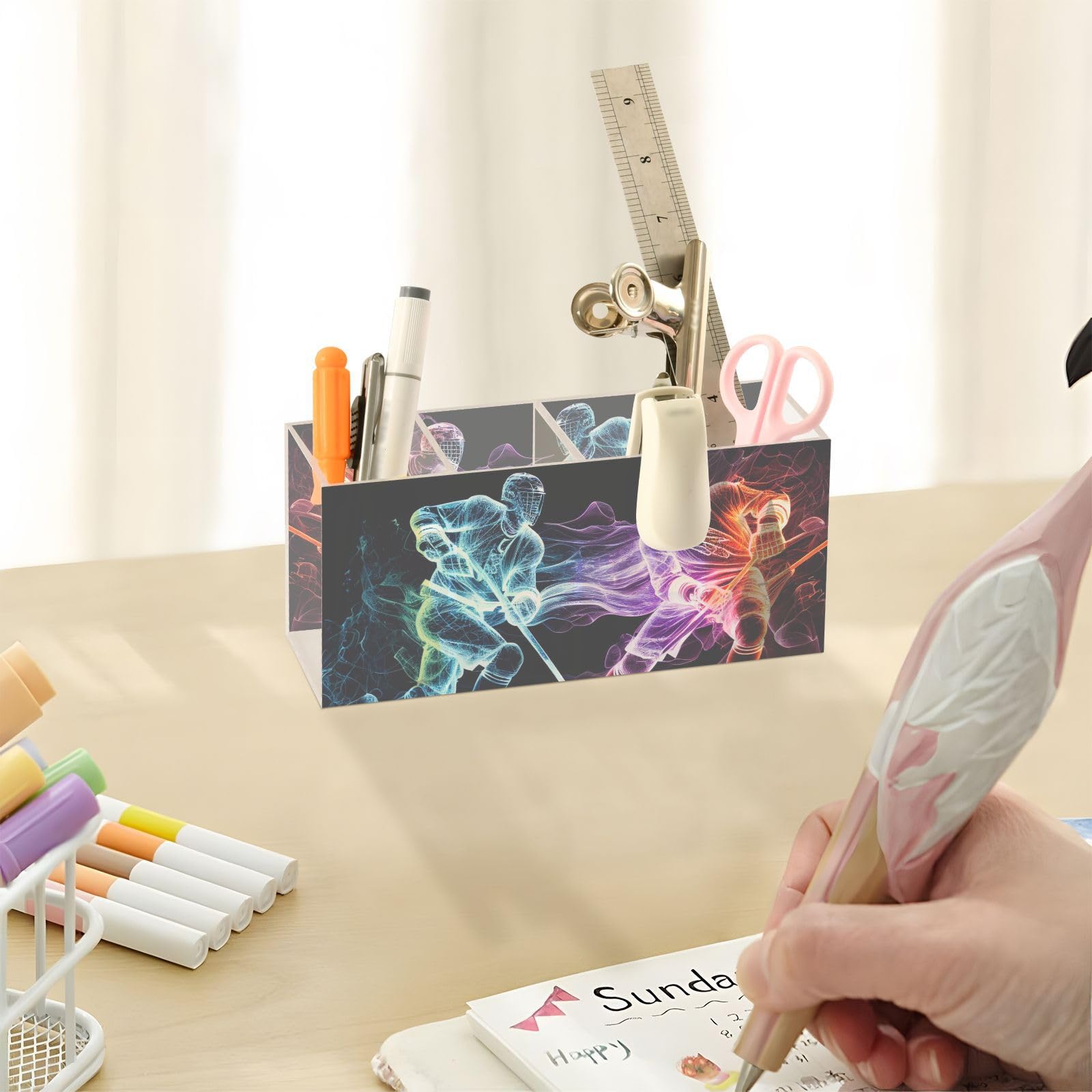 Abstract Hockey Players Acrylic Pen Holder - 4 Compartment Desk Organizer for Pencils, Brushes & Utensils - Personalized Pattern Office & Home Decor - Perfect for Sports Fans, Students & Professionals