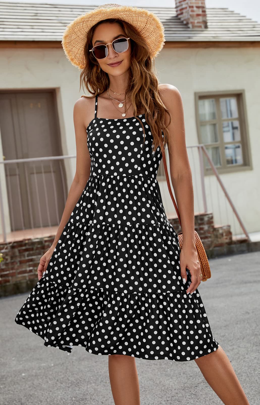 Berydress Women's Summer Spaghetti Strap Tiered Midi Dress - Wedding Guest, Casual Beach & Sun Dress - Flowy Ruffle Cotton Black Dress for Outdoor Parties, Vacations & Date Nights