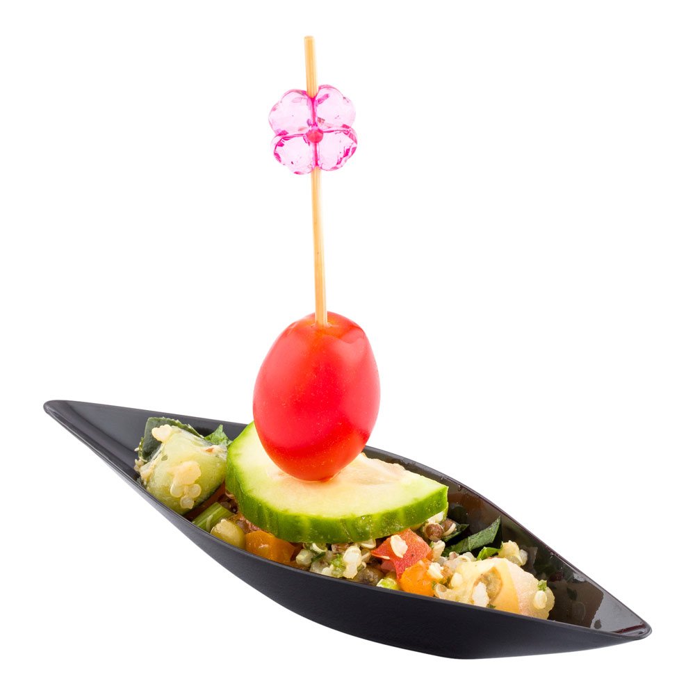 Restaurantware 1 oz Disposable Dipping Sauce Bowls - 100-Pack Black Plastic Canoe-Shaped Small Dishes for Sauces, Appetizers, Desserts & Samples | Perfect for Restaurants, Catering, Parties & Food Sampling
