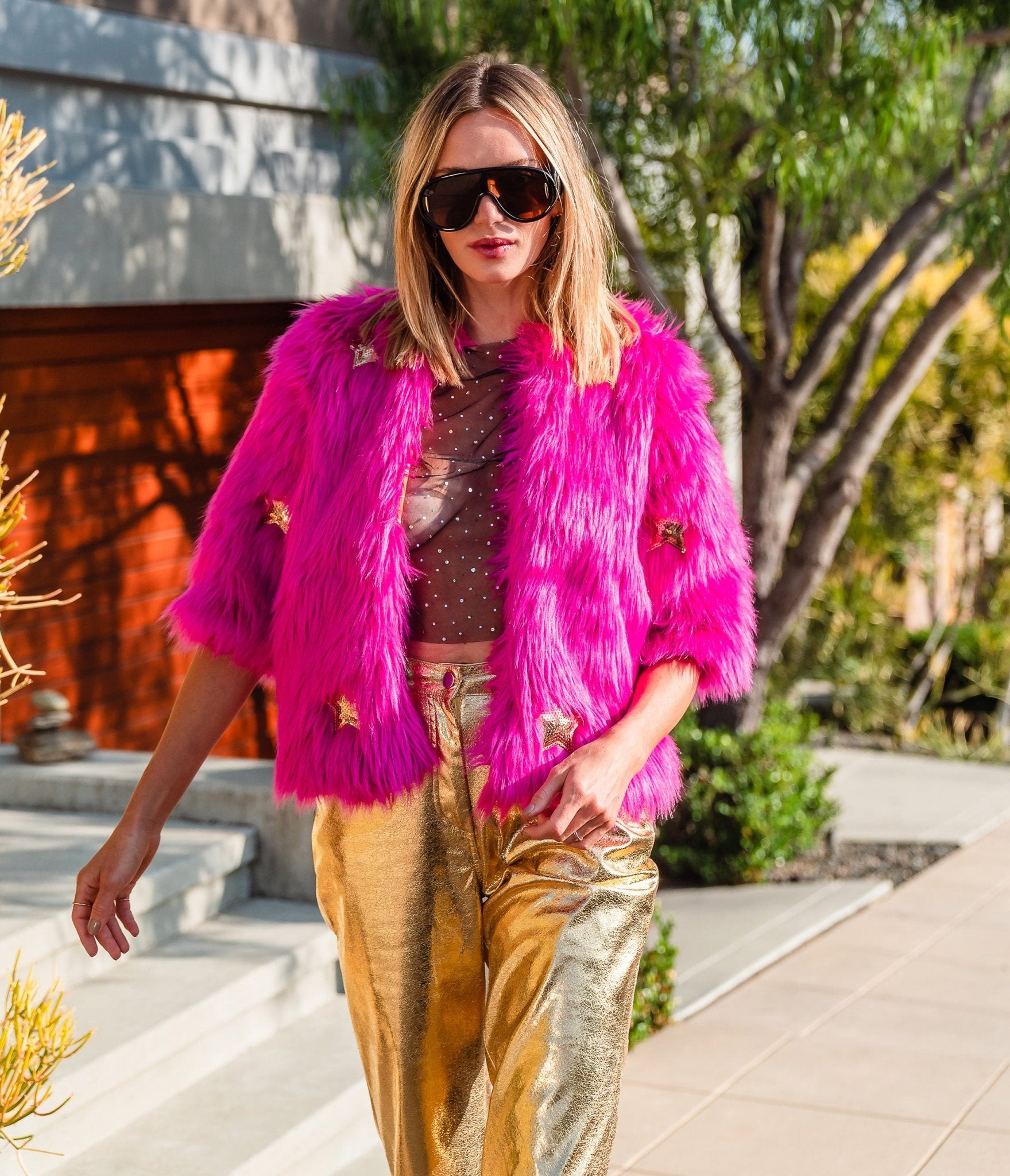 Jennafer Grace Hot Pink Faux Fur Jacket for Women - Stylish Planet Queen Coat for Winter Fashion, Parties & Outdoor Events