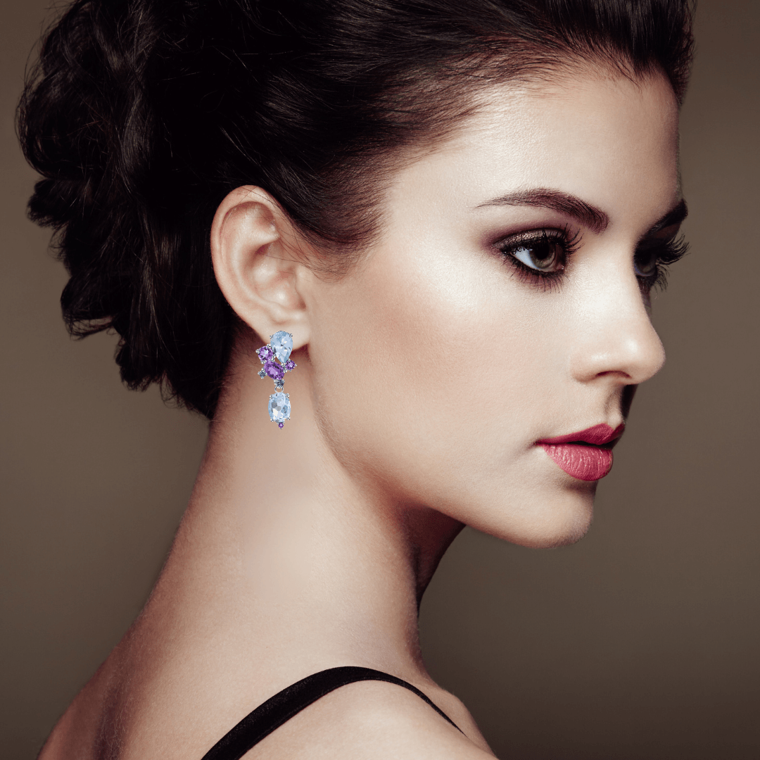 Blue Topaz and Amethyst Statement Earrings | Elegant Dangle Drop Jewelry for Women | Perfect for Weddings, Parties & Special Occasions